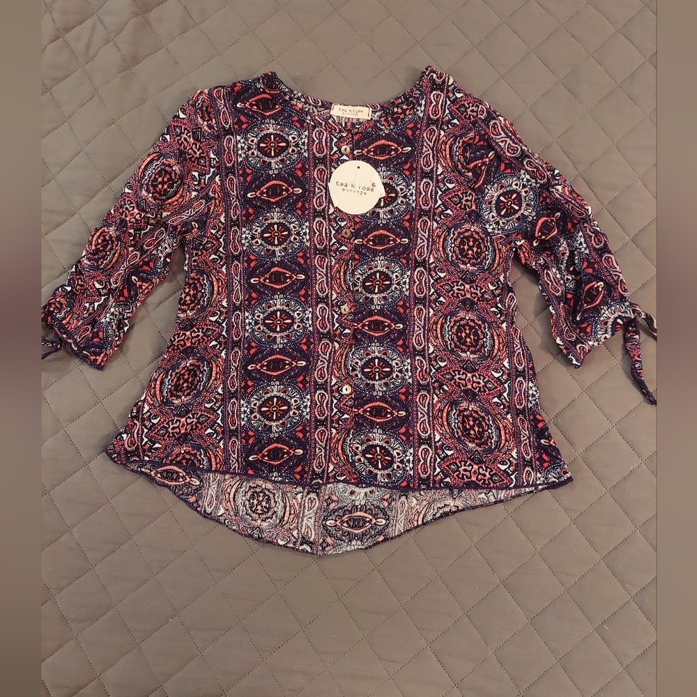 Tea n Rose Kids Blouse in Red and Blue Pattern